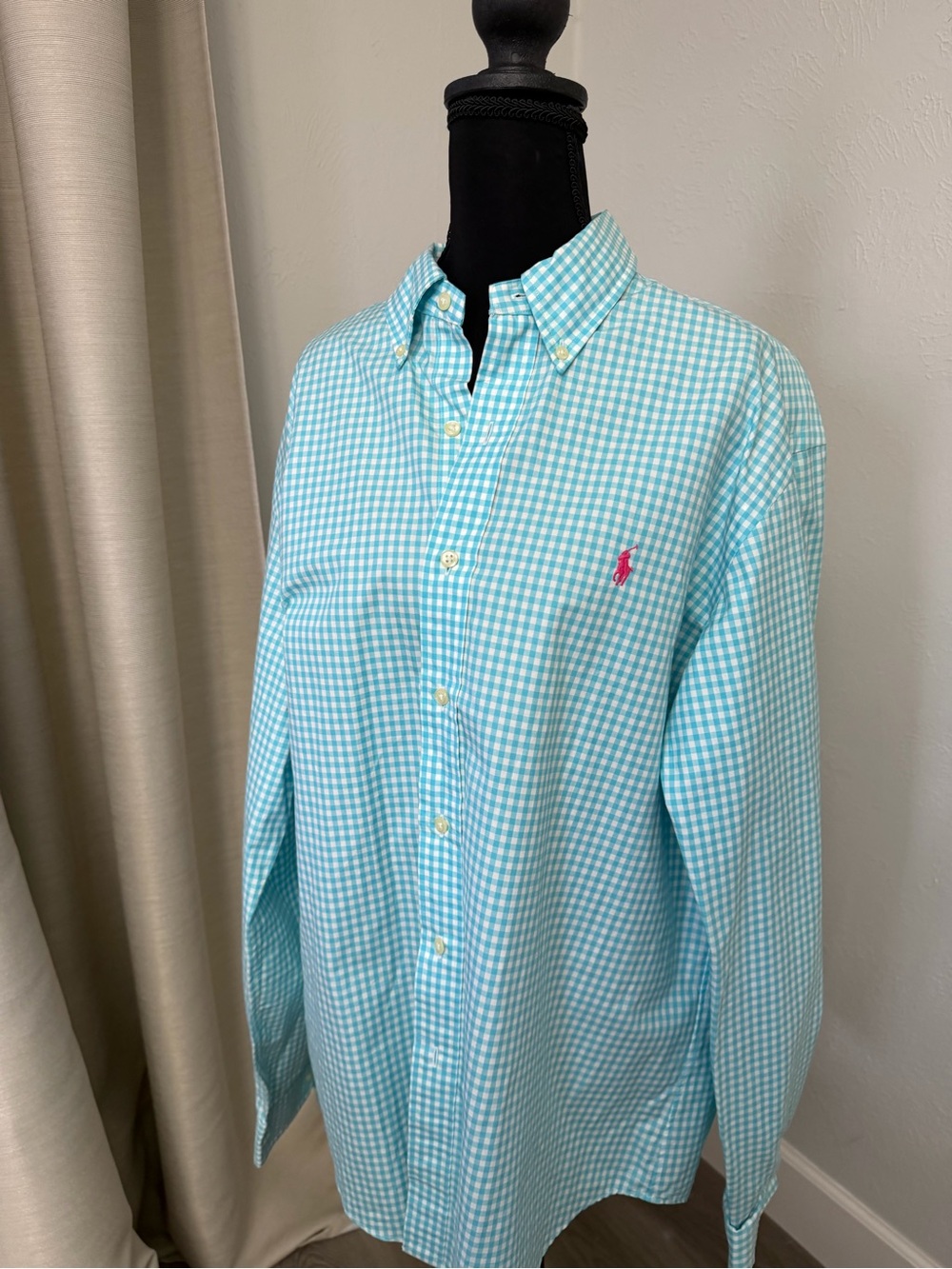 Ralph Lauren Aqua Gingham Button-Down Shirt with Pink Pony